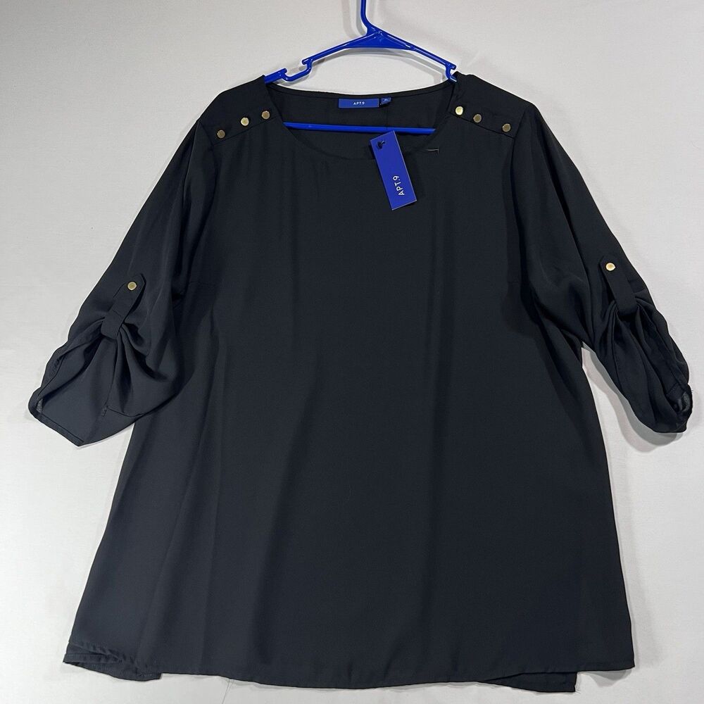 NWT Apt. 9 Black Blouse Size XL Gold Shoulder Button Roll-Tab 3/4 Sleeve Top